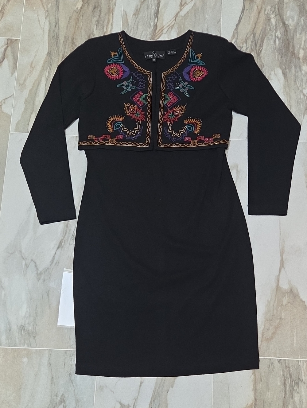 90's Vintage Carole Little Black Dress With Attached Embroidered Bolero Jacket